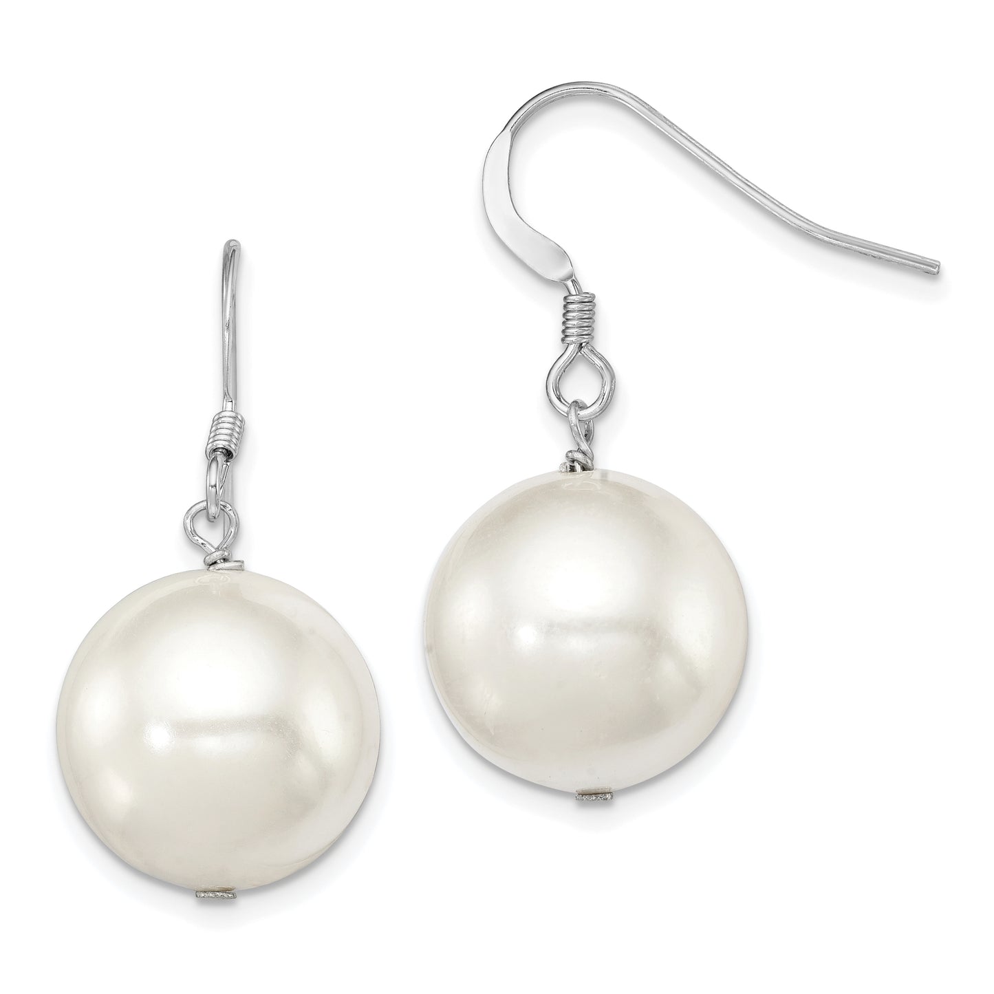 Sterling Silver Rhodium-Plated Polished White 14-15mm Round Shell Pearl Dangle Earrings