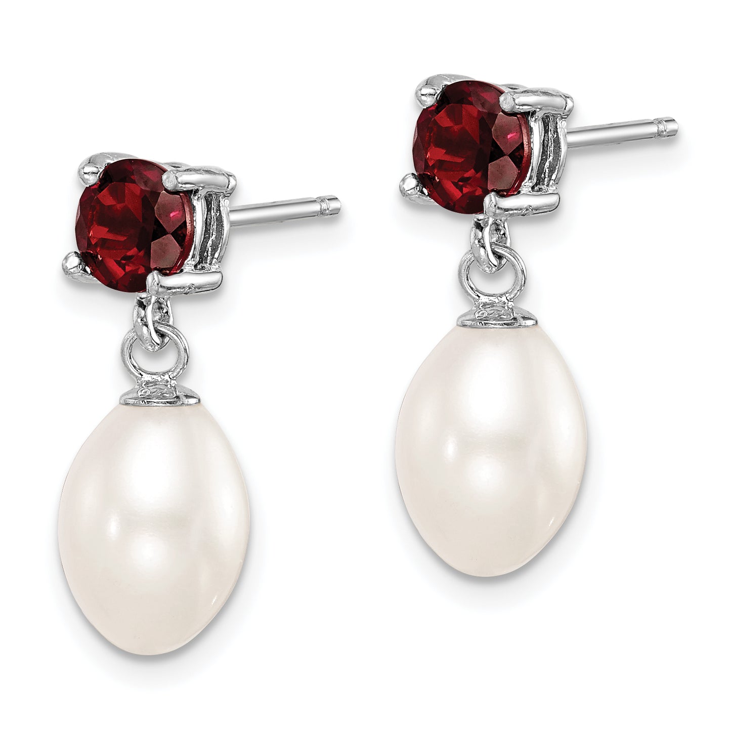 Sterling Silver Rhodium Plated Garnet And 7-8mm Freshwater Cultured Pearl Teardrop Dangle Post Earrings