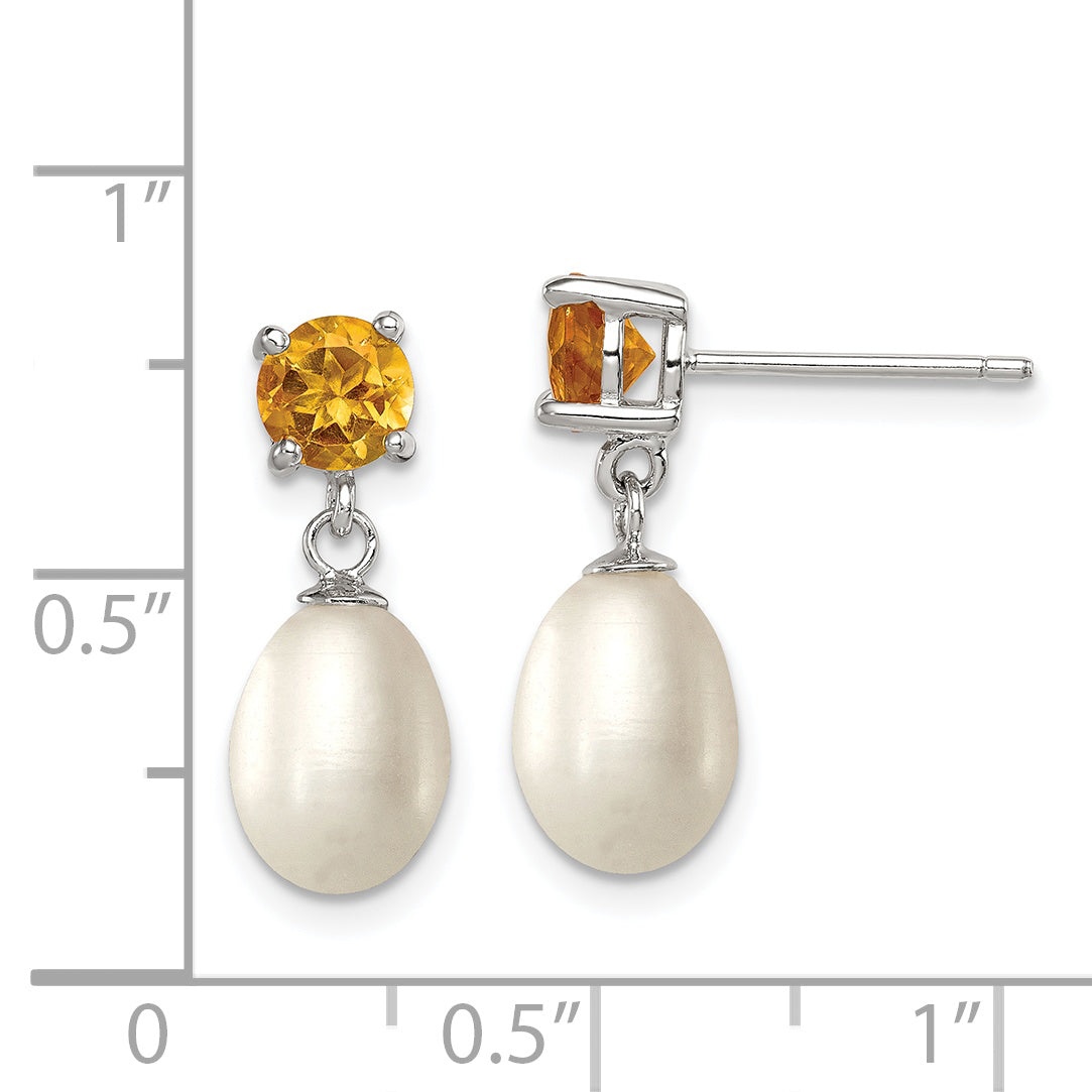 Sterling Silver Rhodium Plated Citrine And 7-8mm Freshwater Cultured Pearl Teardrop Dangle Post Earrings