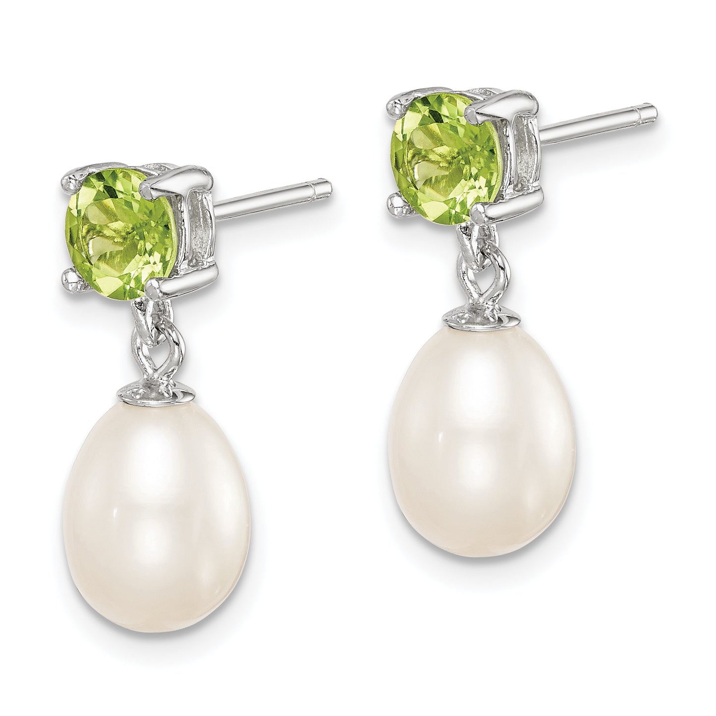 Sterling Silver Rhodium Plated Peridot And 7-8mm Freshwater Cultured Pearl Teardrop Dangle Post Earrings