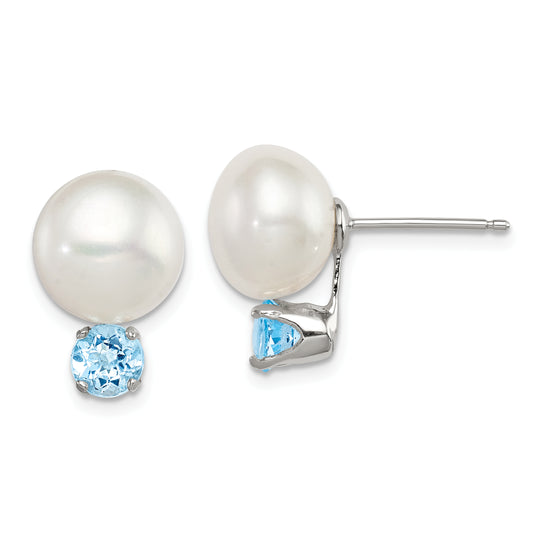 Sterling Silver Rhod-Pltd 10-11mm Fwc Button Pearl Blue Topaz Earrings