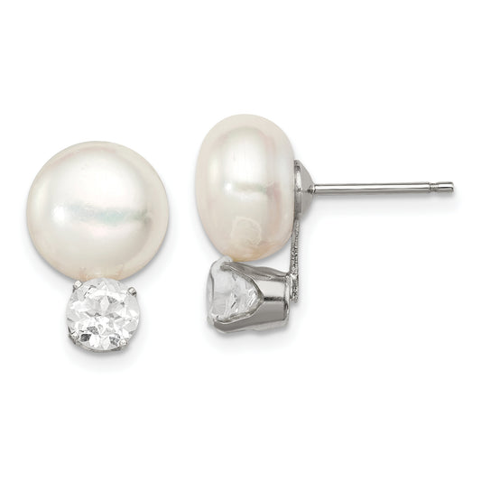 Sterling Silver Rh-Pltd 10-11mm Fwc Button Pearl White Topaz Earrings