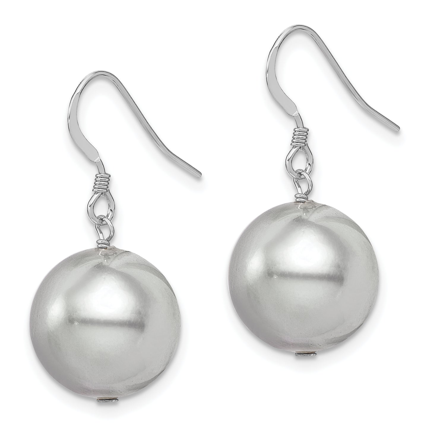 Sterling Silver Rhodium-Plated Polished Round 14-15mm Grey Shell Pearl Dangle Earrings