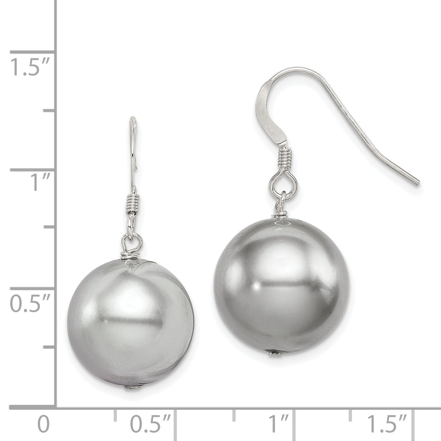 Sterling Silver Rhodium-Plated Polished Round 14-15mm Grey Shell Pearl Dangle Earrings