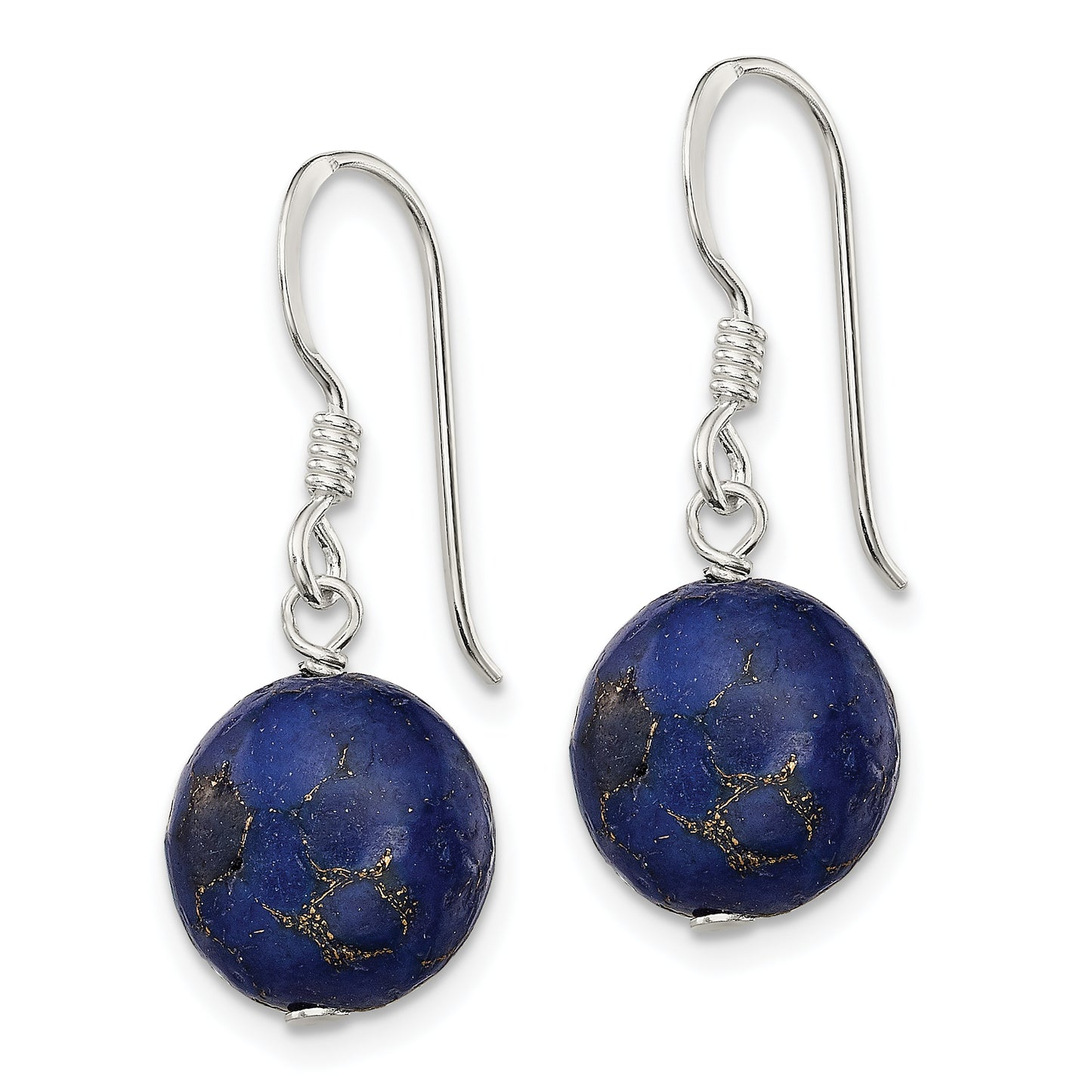 Sterling Silver Polished Round Reconstructed Lapis Dangle Earrings