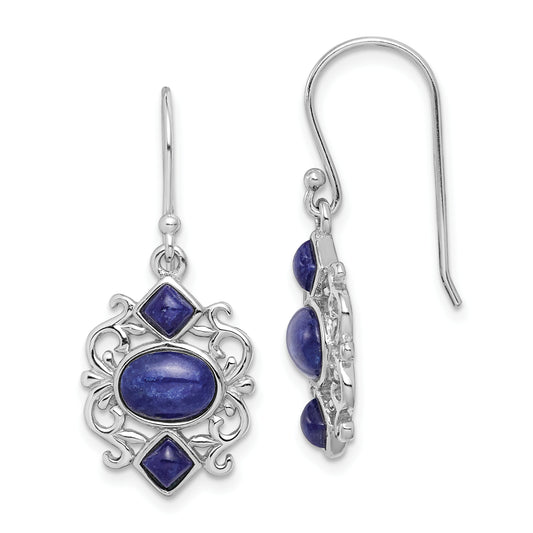 Sterling Silver Rhodium-Plated Polished Filigree Lapis Dangle Earrings