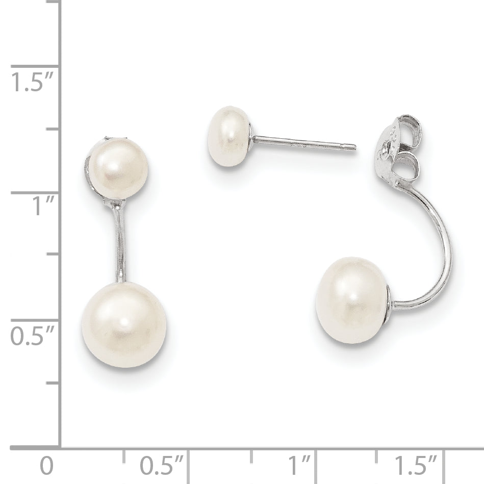 Sterling Silver Rhodium-Plated Polished 5-6mm & 8-9mm White Freshwater Cultured Pearl Front Back Post Dangle Earrings