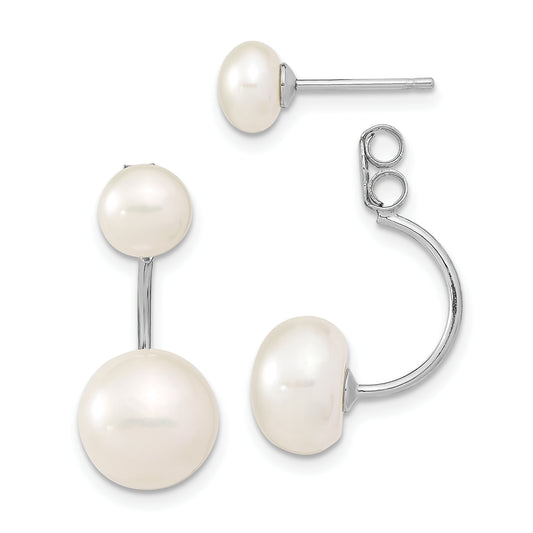 Sterling Silver Rhodium-Plated Polished 5-6mm & 8-9mm White Freshwater Cultured Pearl Front Back Post Dangle Earrings