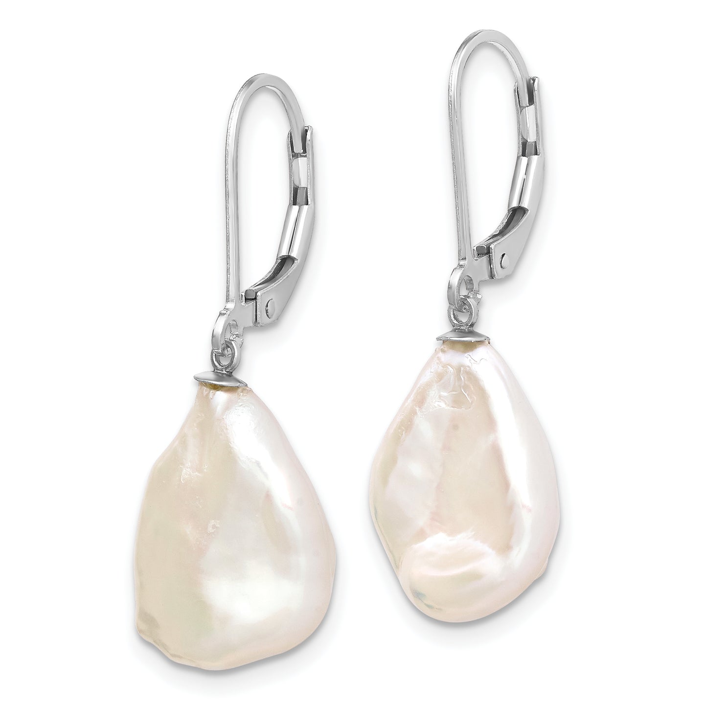 Sterling Silver Rhodium-Plated Polished White 13-15mm Keshi Freshwater Cultured Pearl Leverback Dangle Earrings