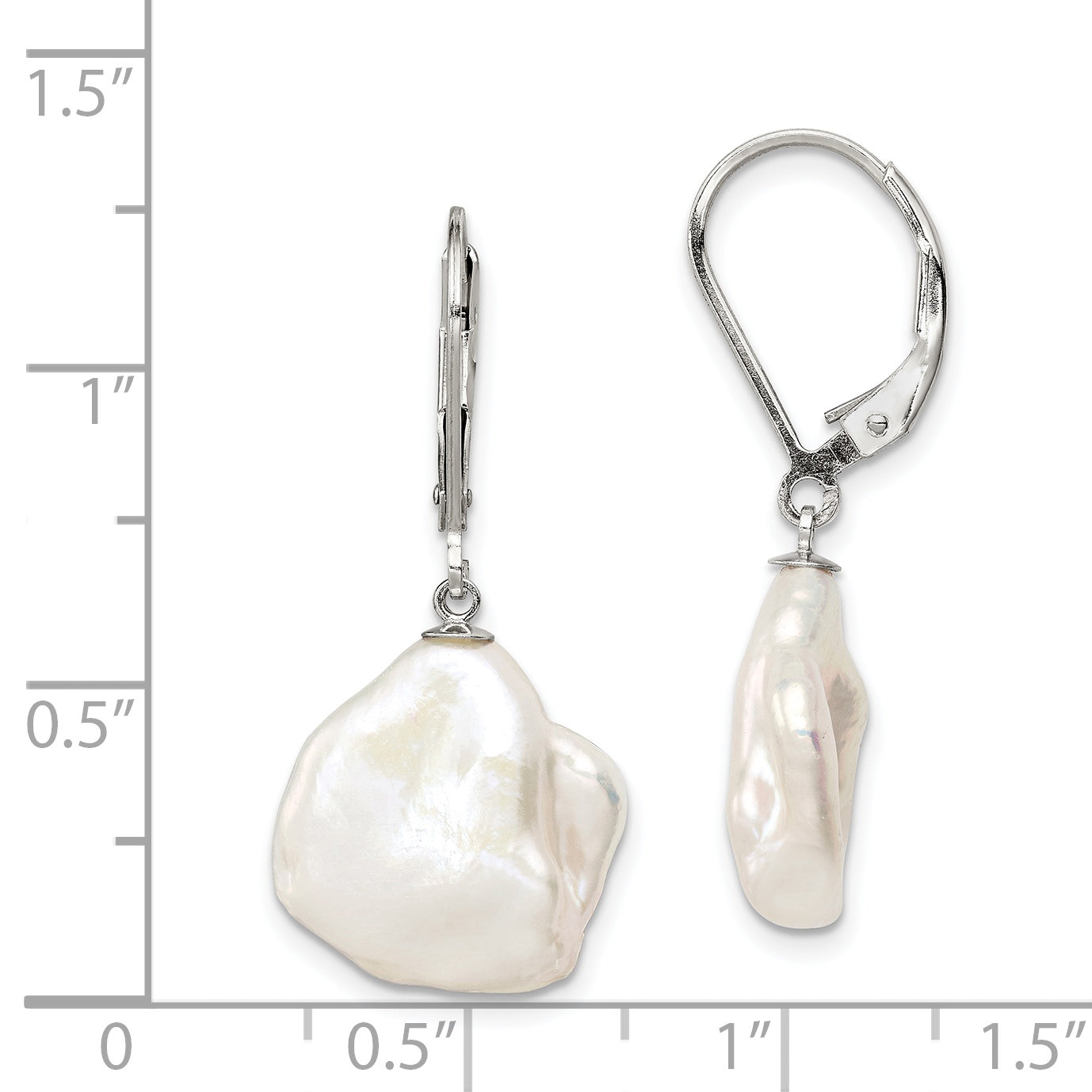 Sterling Silver Rhodium-Plated Polished White 13-15mm Keshi Freshwater Cultured Pearl Leverback Dangle Earrings