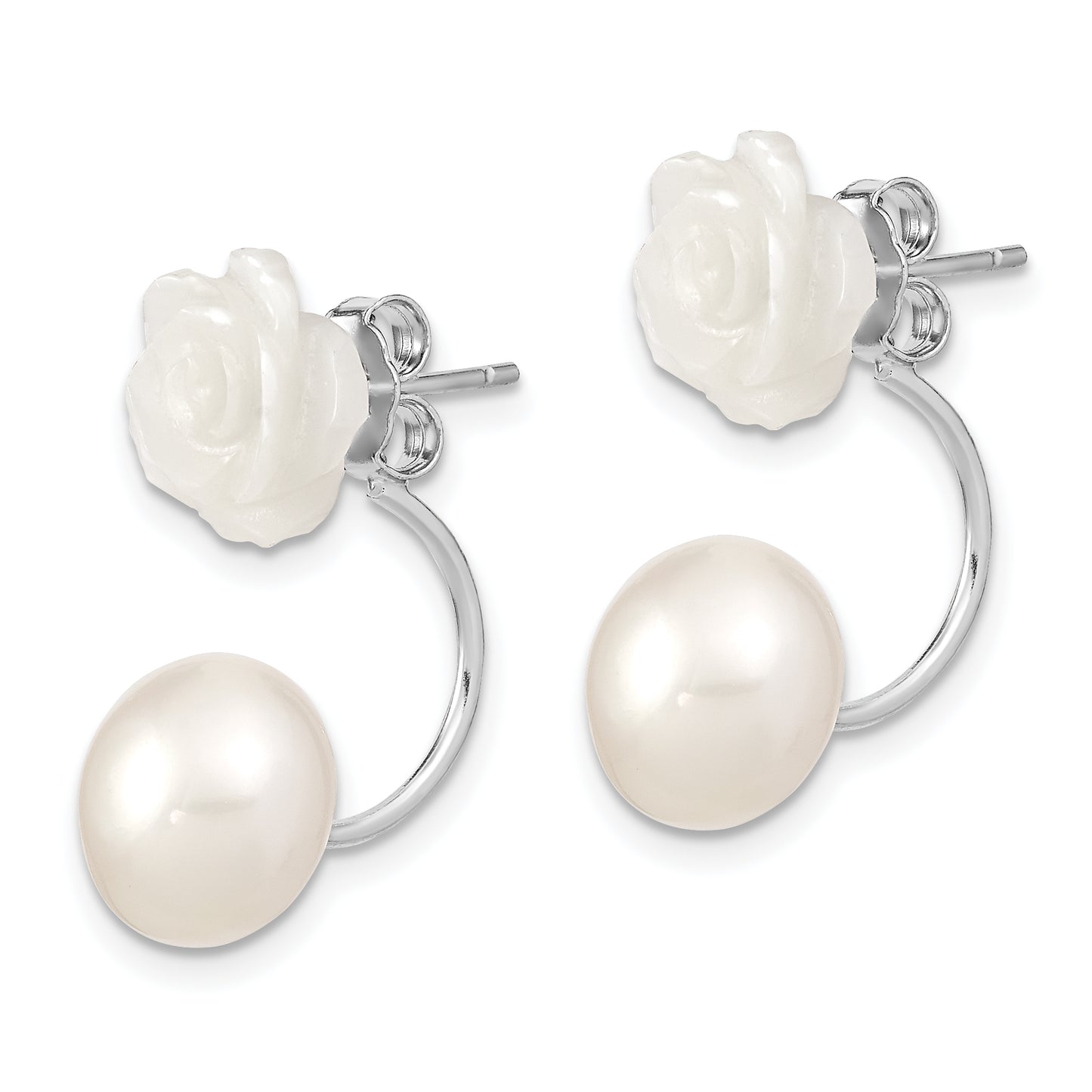 Sterling Silver Rhodium-Plated 8-9mm Freshwater Cultured Pearl & Mother Of Flower Front Back Post Dangle Earrings