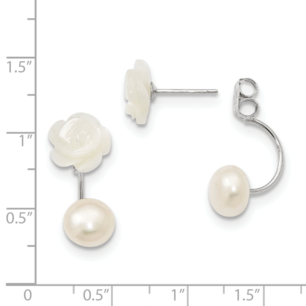 Sterling Silver Rhodium-Plated 8-9mm Freshwater Cultured Pearl & Mother Of Flower Front Back Post Dangle Earrings