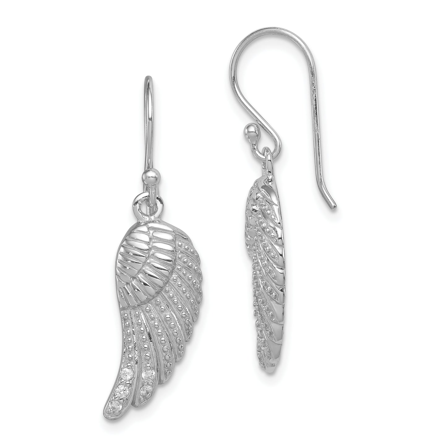 Sterling Silver Rh-Plated Polished/Textured Cz Wings Dangle Earrings