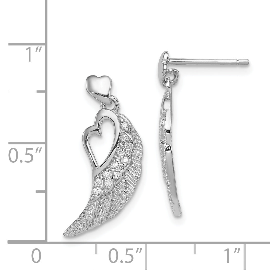 Sterling Silver Rhodium-Plated Polished & Textured Cz Open Heart Wings Post Dangle Earrings