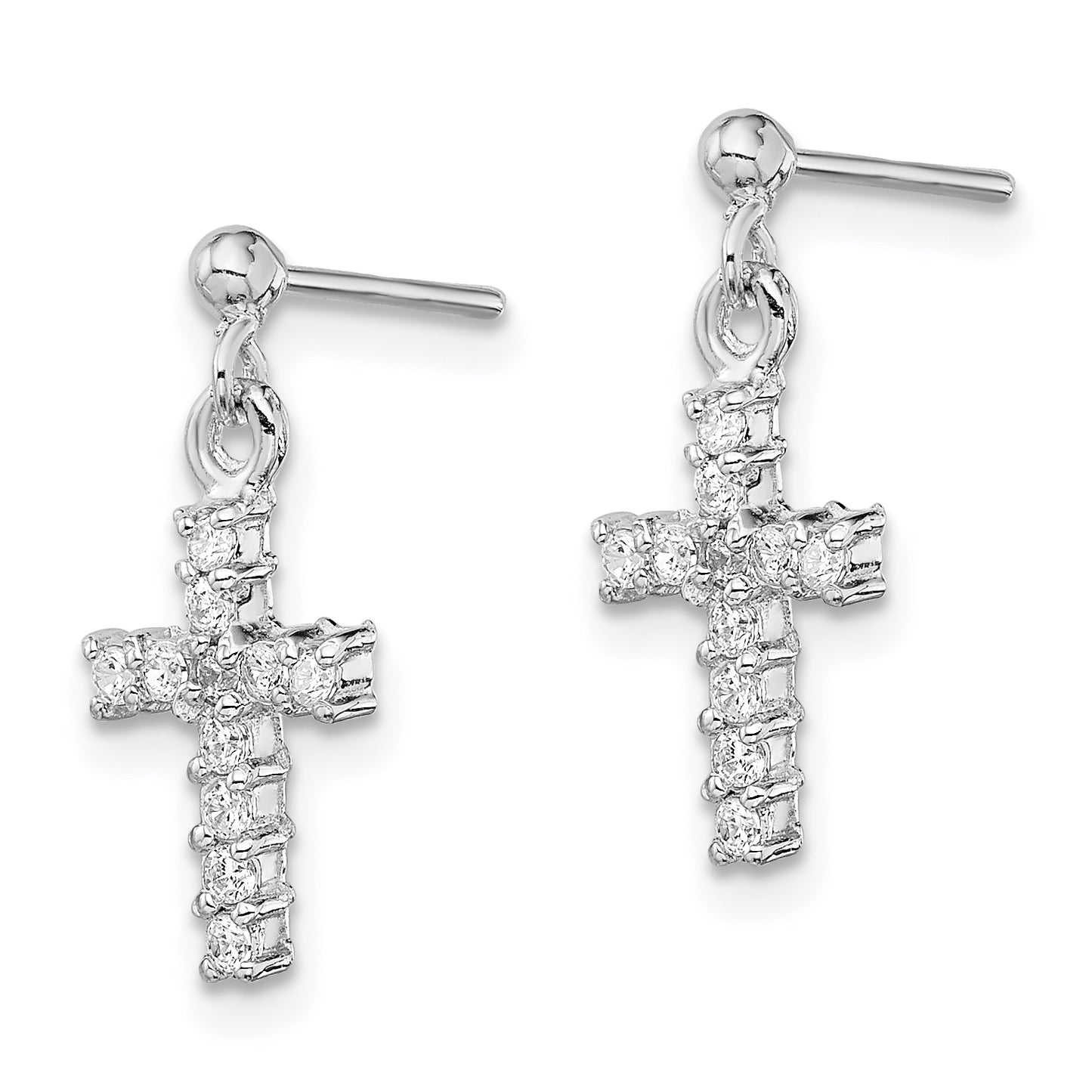 Sterling Silver Rhodium-Plated Polished Cz Cross Post Dangle Earrings