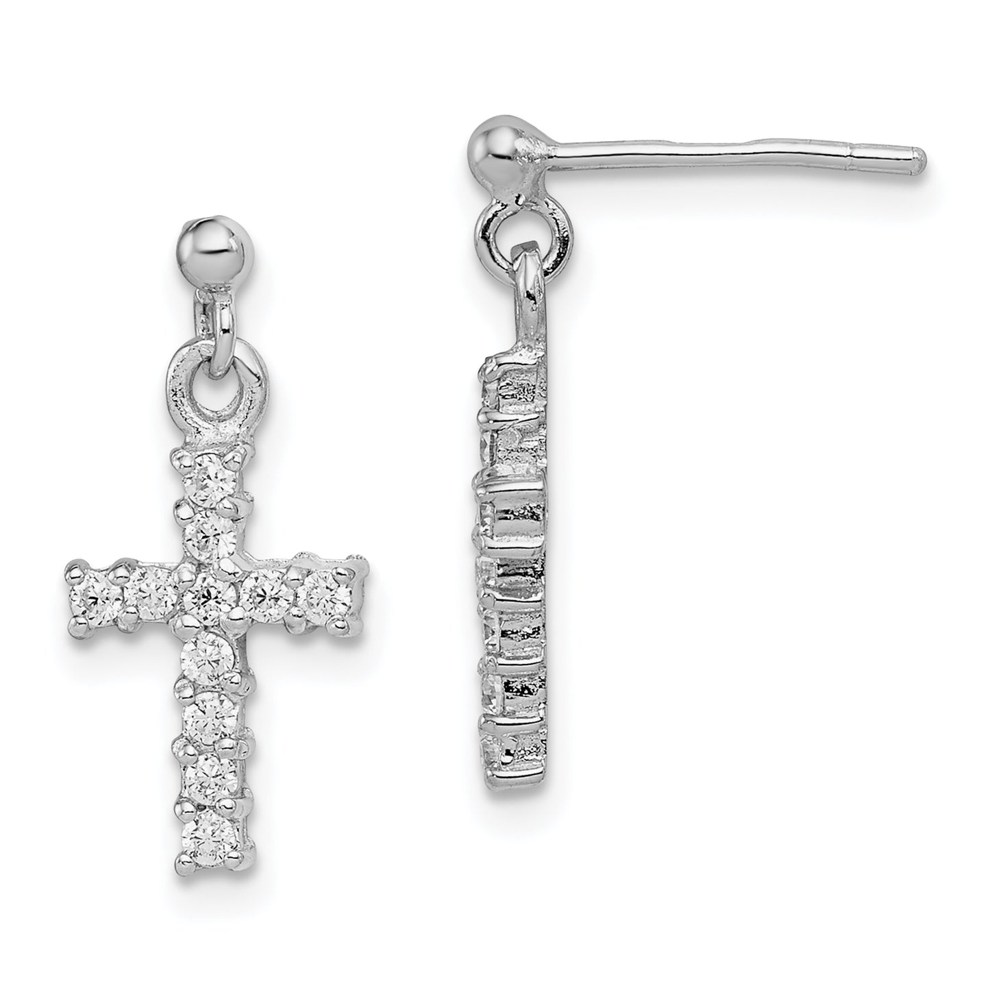 Sterling Silver Rhodium-Plated Polished Cz Cross Post Dangle Earrings