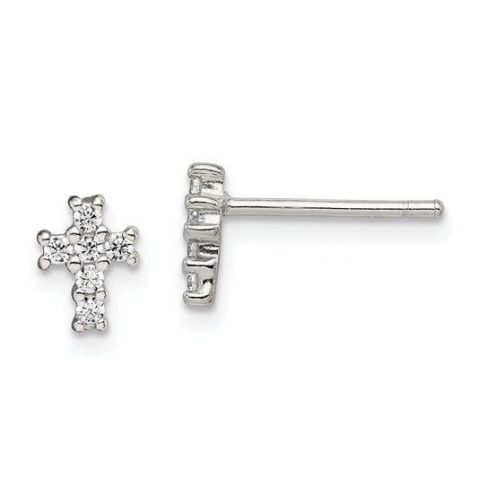 Sterling Silver Rhodium-Plated Polished Cz Cross Post Earrings