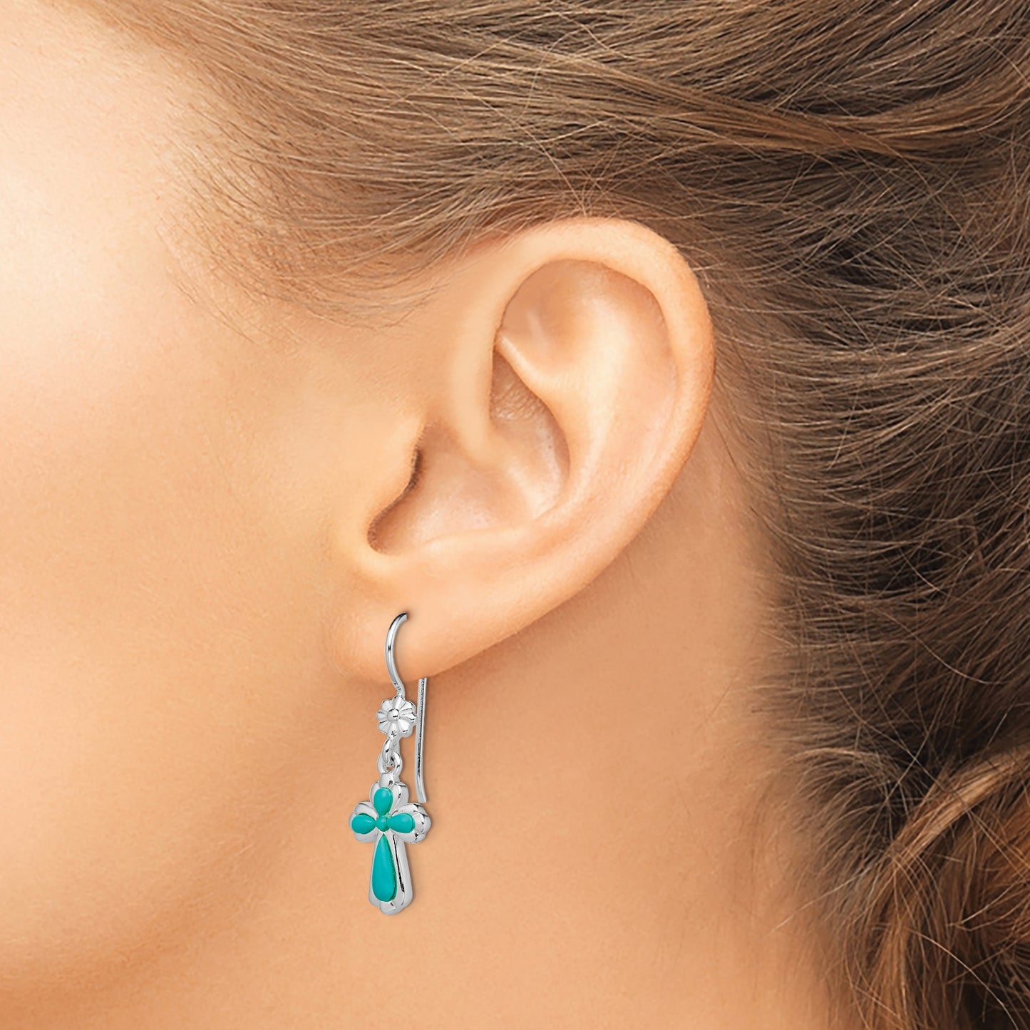 Sterling Silver Rhodium-Plated Polished Imitation Turquoise Cross & Flower Dangle Earrings