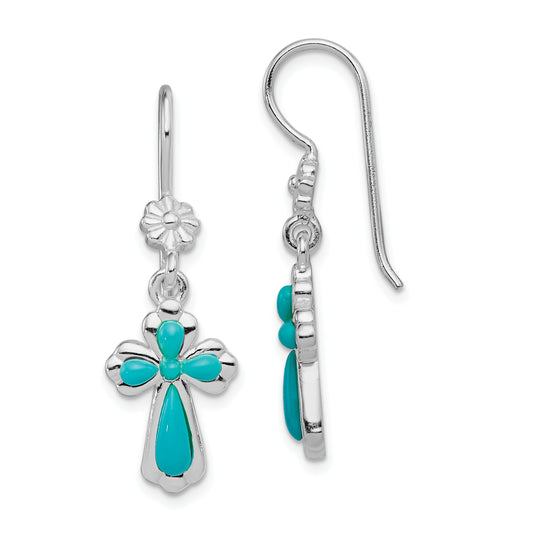 Sterling Silver Rhodium-Plated Polished Imitation Turquoise Cross & Flower Dangle Earrings