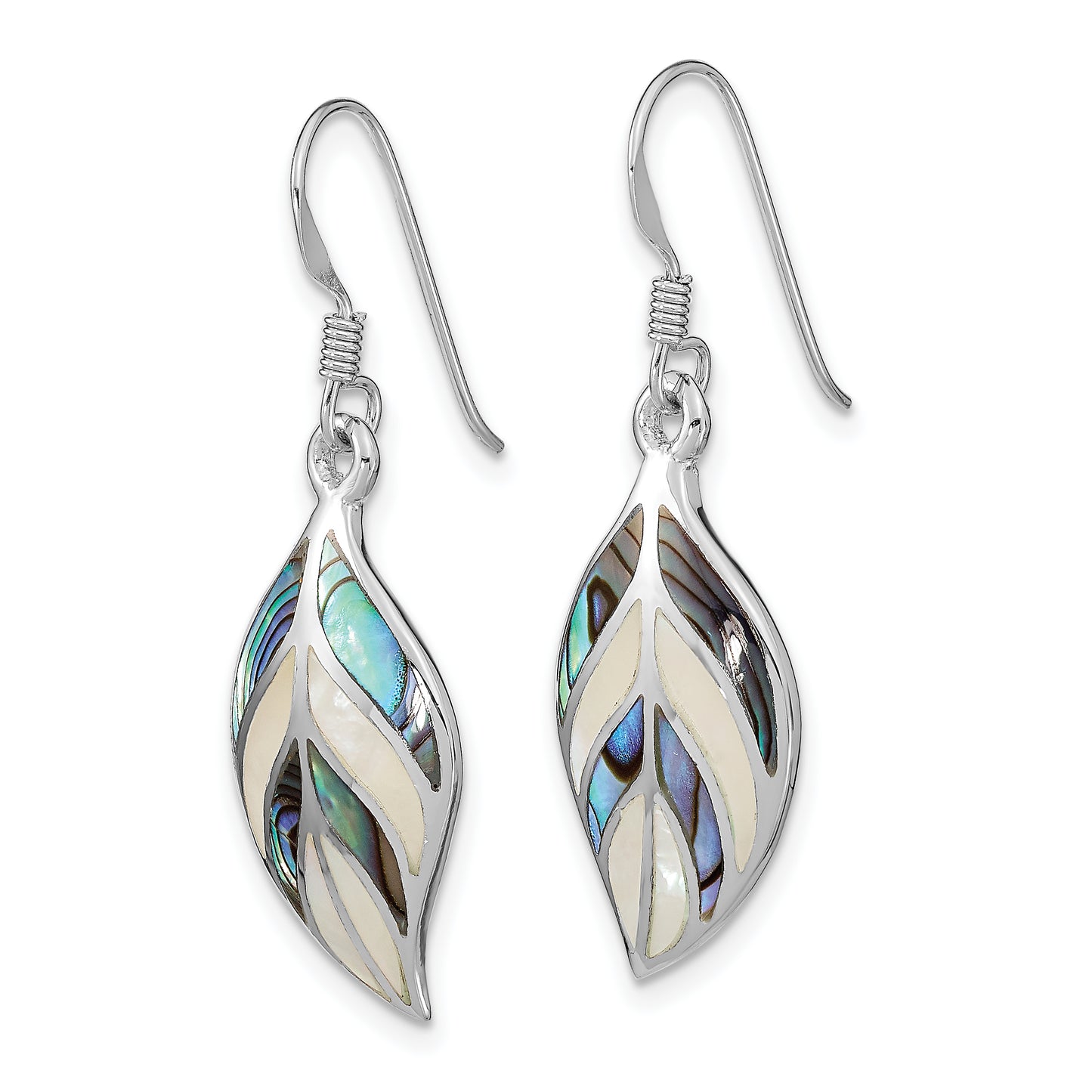 Sterling Silver Rhodium Leaf Mop And Abalone Dangle Earrings