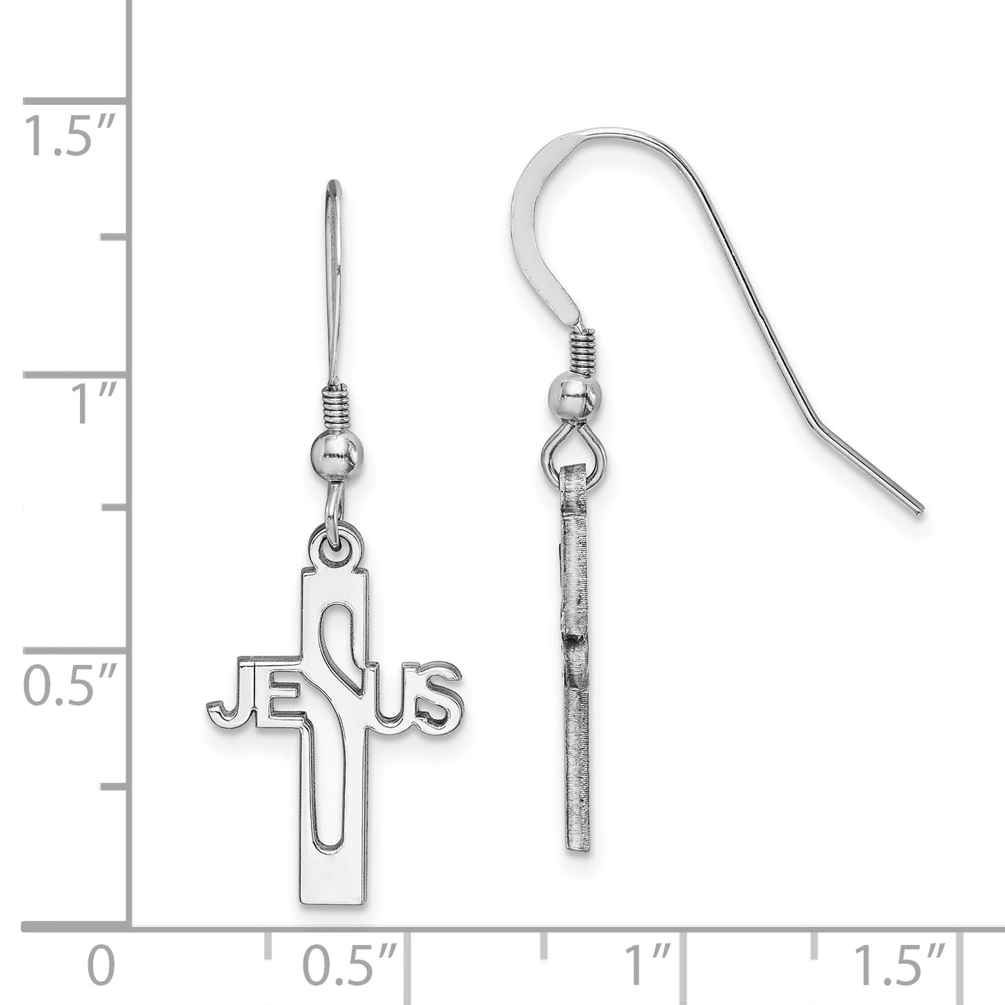 Sterling Silver Rhodium-Plated Polished Jesus Cross Dangle Earrings