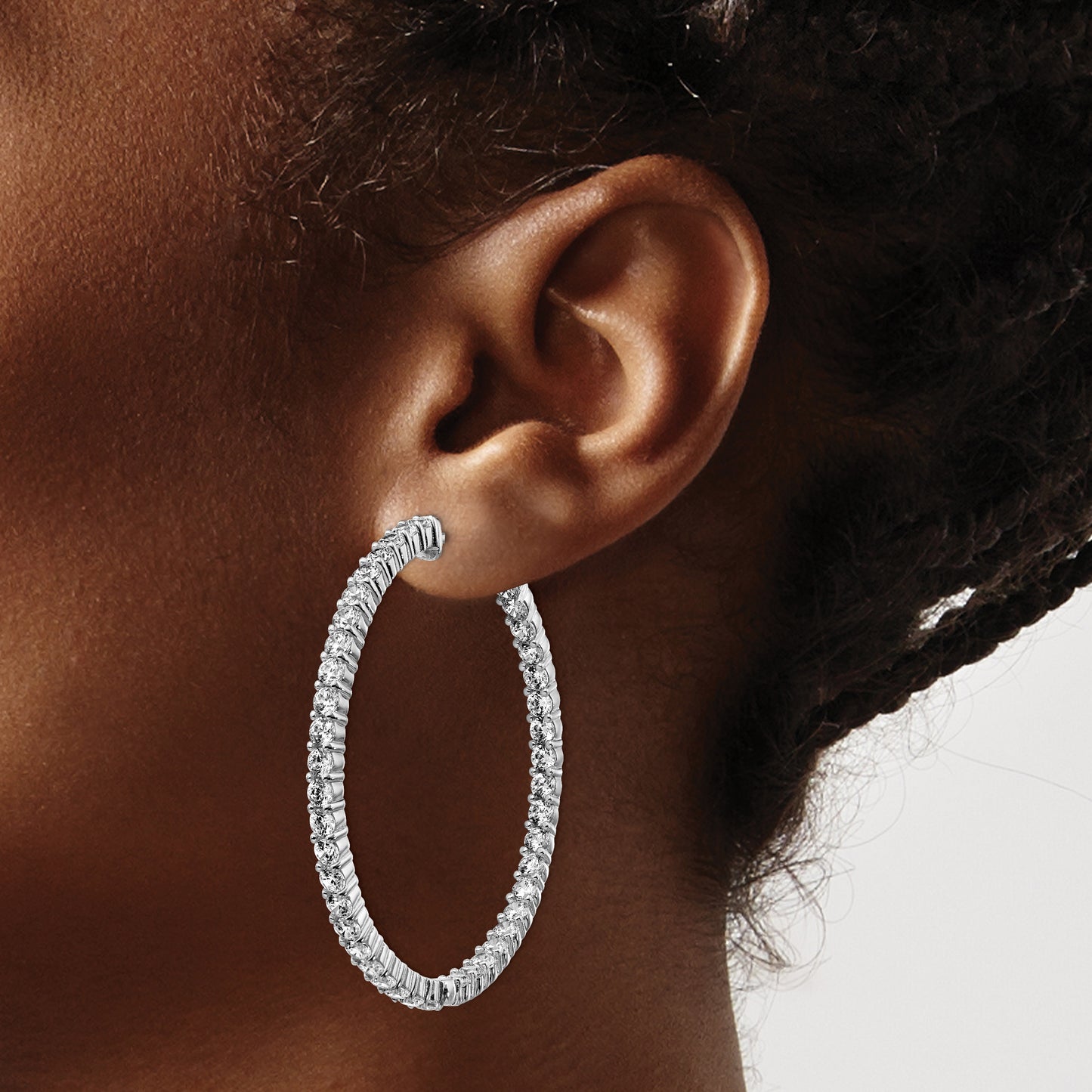 Sterling Silver Shimmer Rhodium-Plated 86 Stone 2.5mm Cz In And Out Round Hinged Hoop Earrings