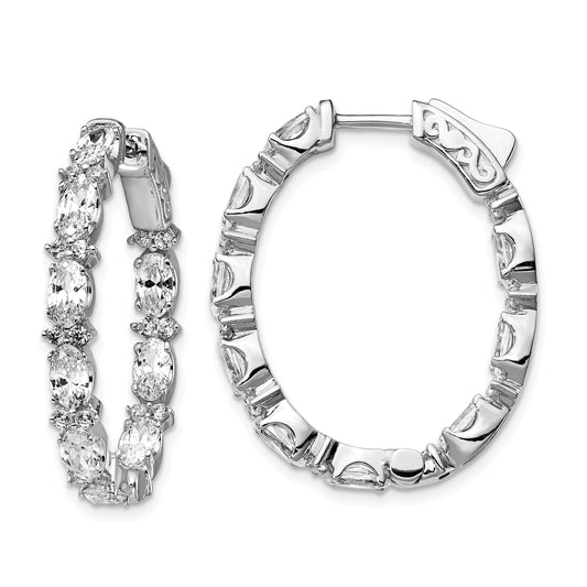 Sterling Silver Shimmer Rhodium-Plated 54 Stone Cz Fancy In And Out Oval Hinged Hoop Earrings