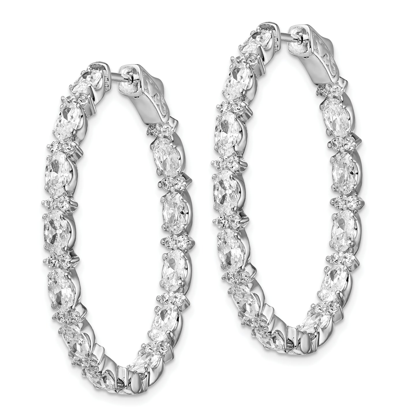 Sterling Silver Shimmer Rhodium-Plated 76 Stone Cz Fancy In And Out Oval Hinged Hoop Earrings