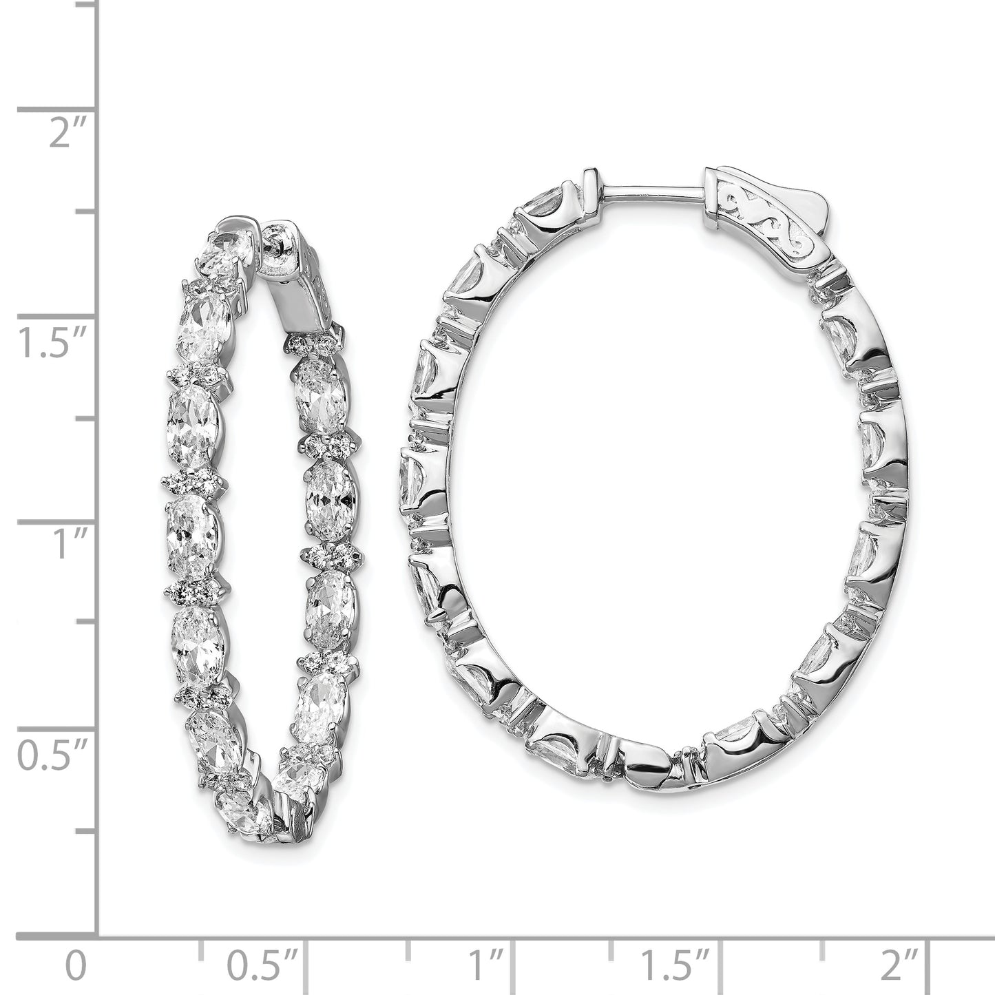 Sterling Silver Shimmer Rhodium-Plated 76 Stone Cz Fancy In And Out Oval Hinged Hoop Earrings