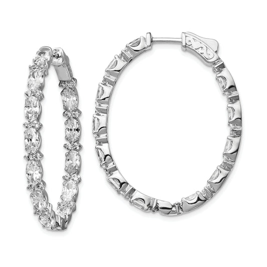 Sterling Silver Shimmer Rhodium-Plated 76 Stone Cz Fancy In And Out Oval Hinged Hoop Earrings