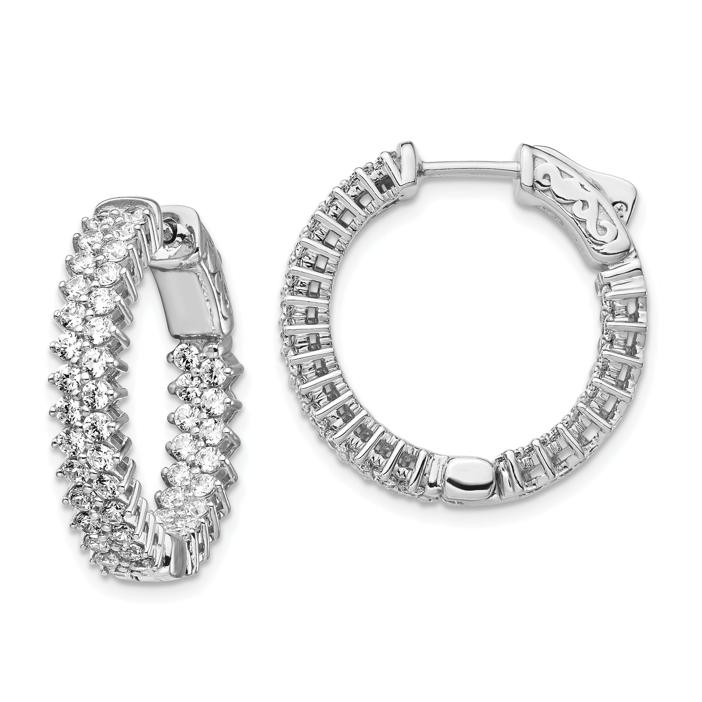 Sterling Silver Shimmer Rhodium-Plated 92 Stone 1.7mm Cz In And Out Round Hinged Hoop Earrings