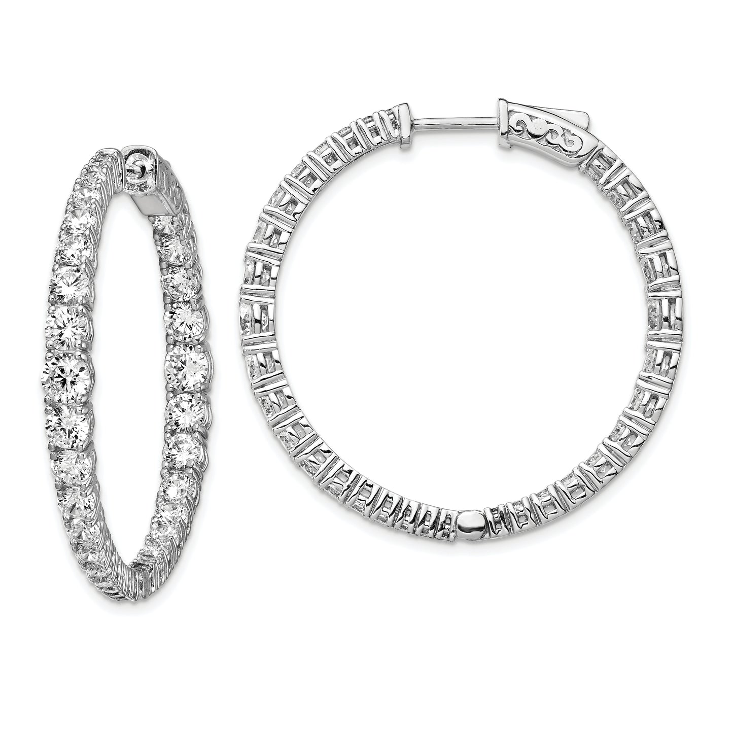 Sterling Silver Shimmer Rhodium-Plated 64 Stone 1.7-4mm Graduated Cz In And Out Round Hinged Hoop Earrings