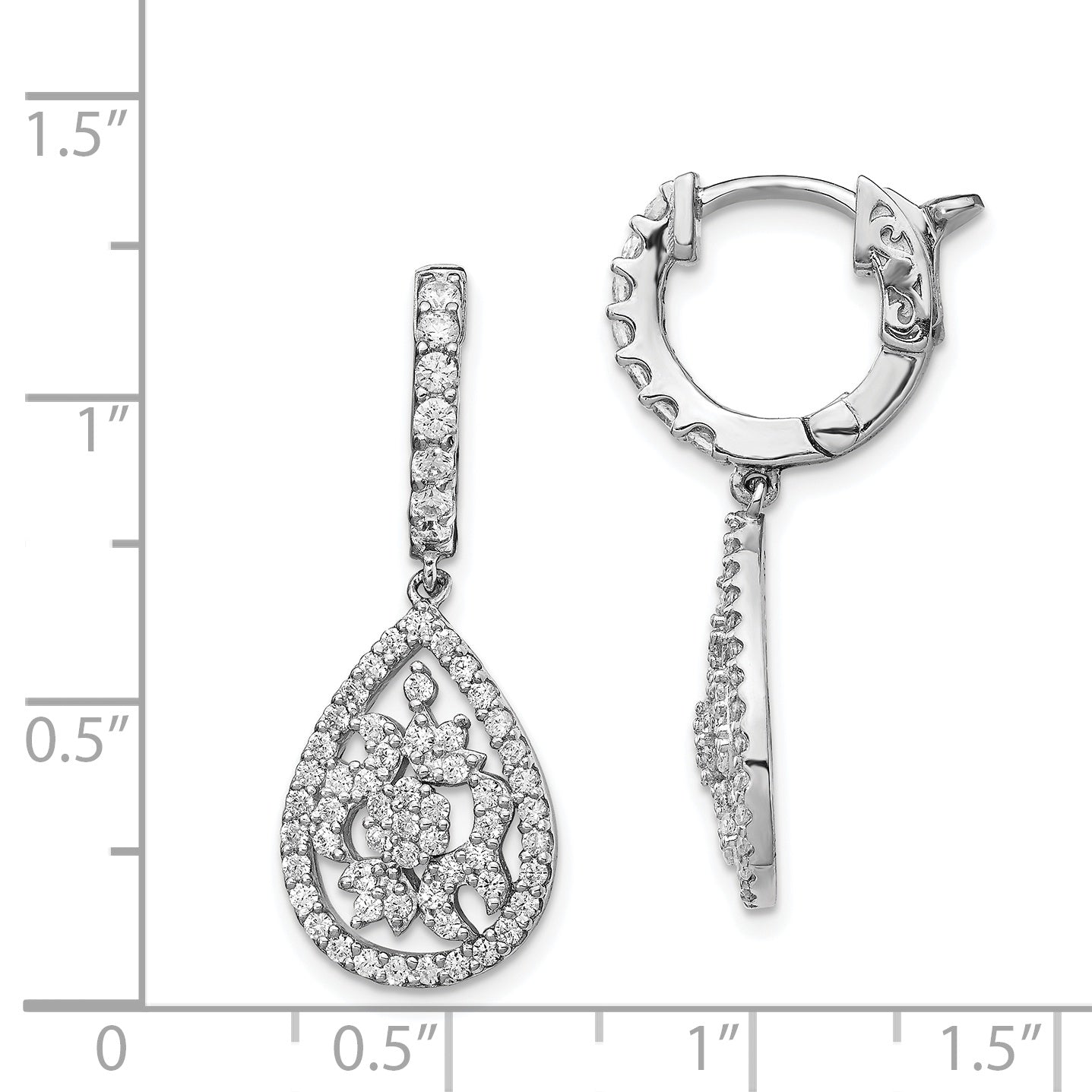 Sterling Silver Shimmer Rhodium-Plated 126 Stone Cz Teardrop Dangle Hinged Hoop Earrings