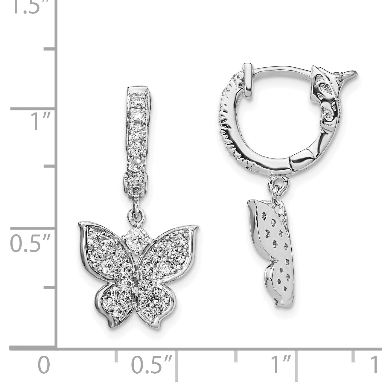 Sterling Silver Shimmer Rhodium-Plated 58 Stone Cz Butterfly Dangle Hinged Hoop Earrings