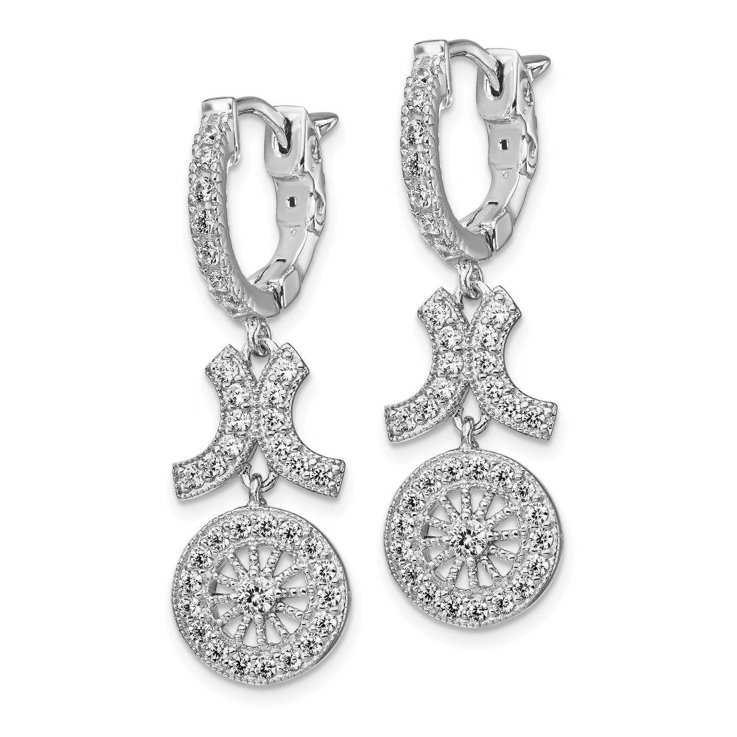 Sterling Silver Shimmer Rhodium-Plated 74 Stone Cz Fancy Dangle Hinged Hoop Earrings