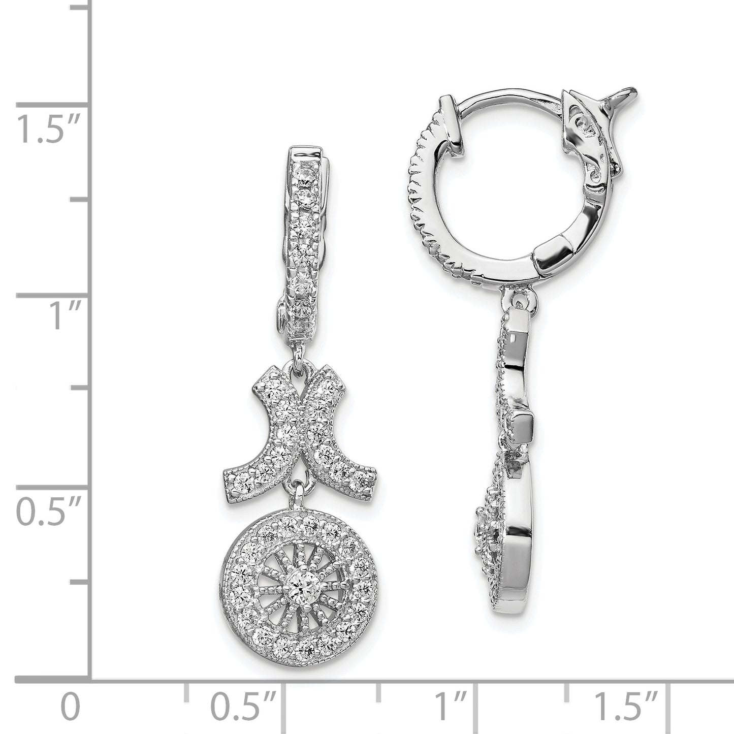 Sterling Silver Shimmer Rhodium-Plated 74 Stone Cz Fancy Dangle Hinged Hoop Earrings