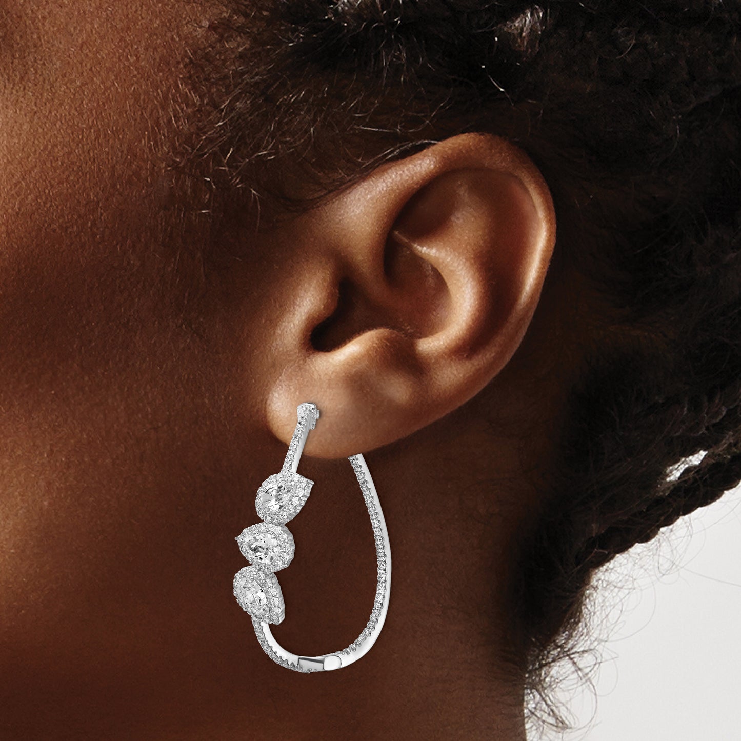 Sterling Silver Shimmer Rhodium-Plated 198 Stone Cz Pear Halo Twisted In And Out Oval Hinged Hoop Earrings