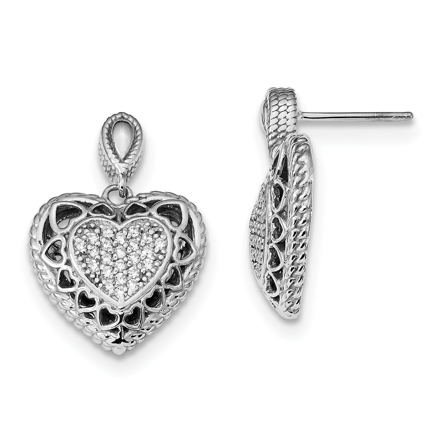 Sterling Silver Rhodium-Plated Polished Cz Heart Dangle Post Earrings