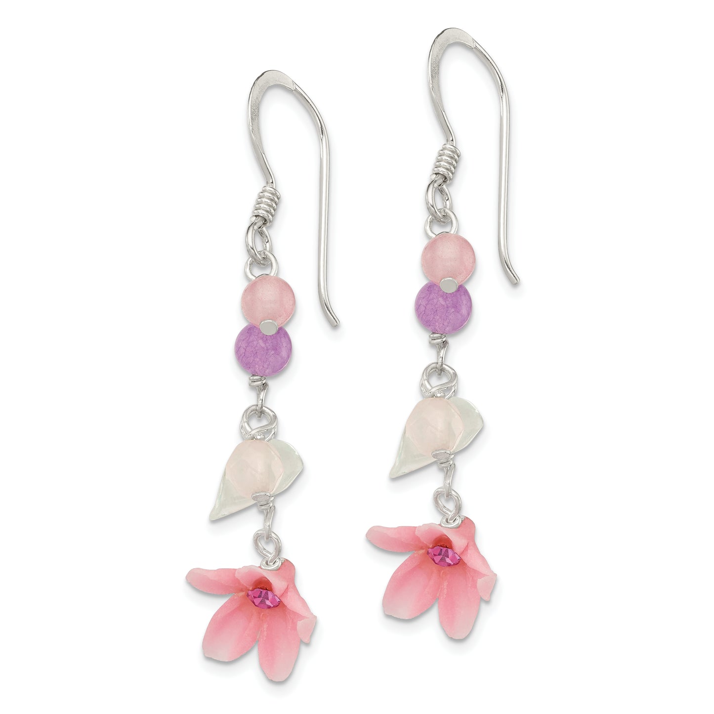 Sterling Silver Polished Amethyst, Agate, Blue Topaz, Pink Cz & Resin Flower Dangle Earrings