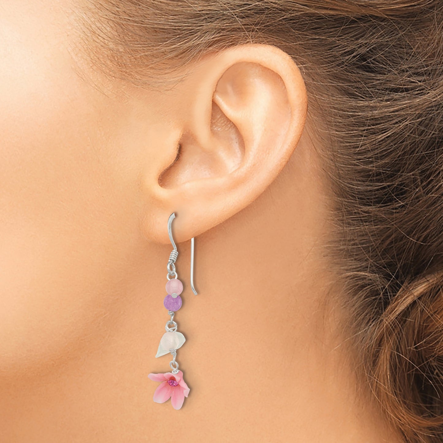 Sterling Silver Polished Amethyst, Agate, Blue Topaz, Pink Cz & Resin Flower Dangle Earrings