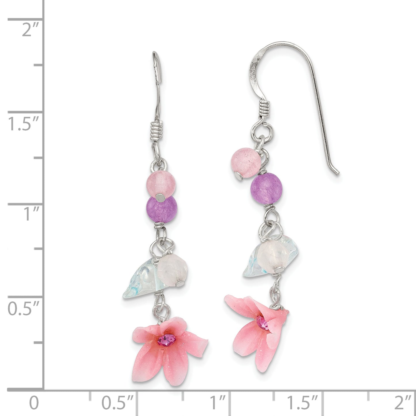 Sterling Silver Polished Amethyst, Agate, Blue Topaz, Pink Cz & Resin Flower Dangle Earrings