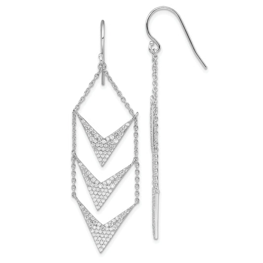 Sterling Silver Rhodium-Plated Cz Fancy Dangle Shepherd Hook Earrings