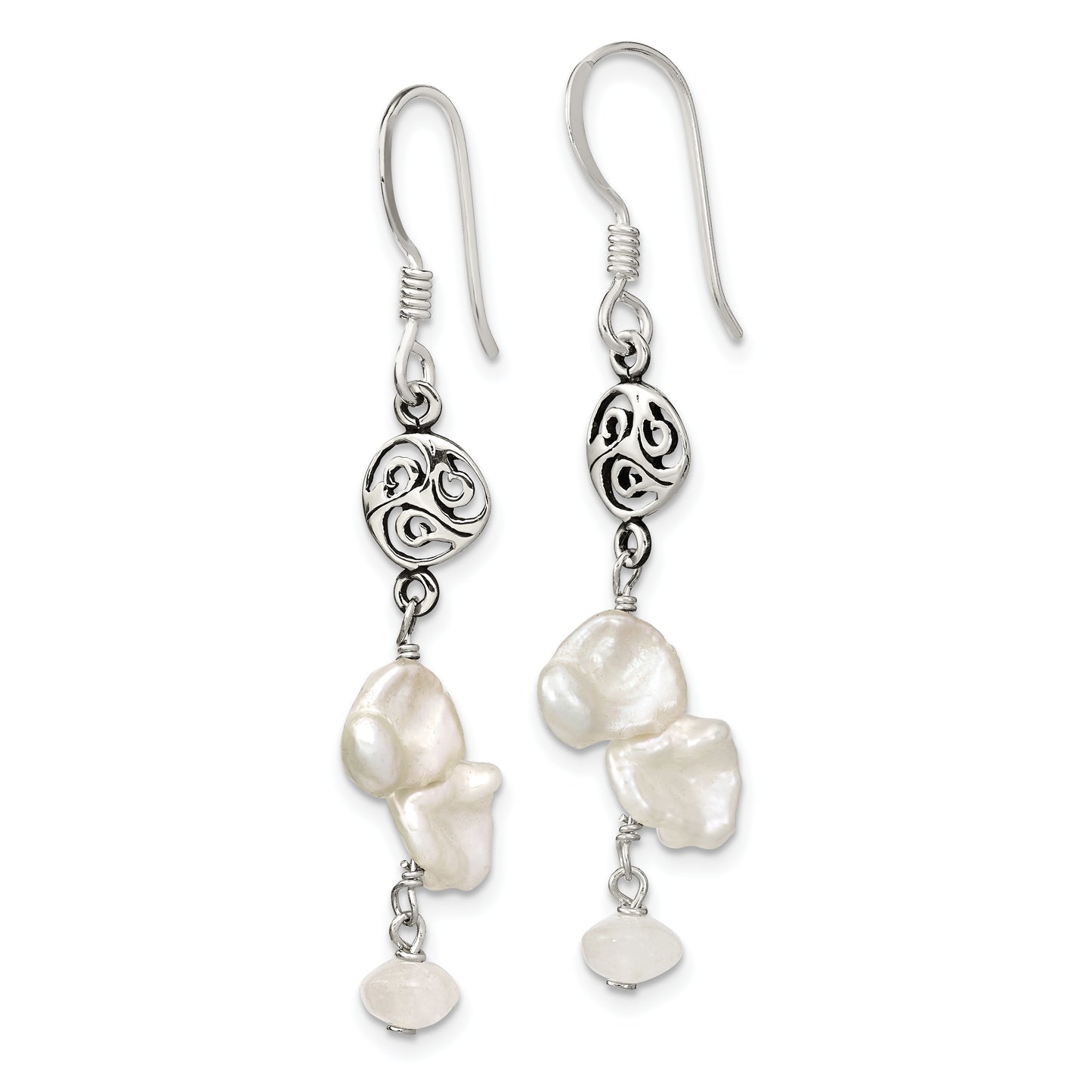 Sterling Silver Polished White 5-9mm Baroque Freshwater Cultured Pearl And Moonstone Fancy Dangle Earrings