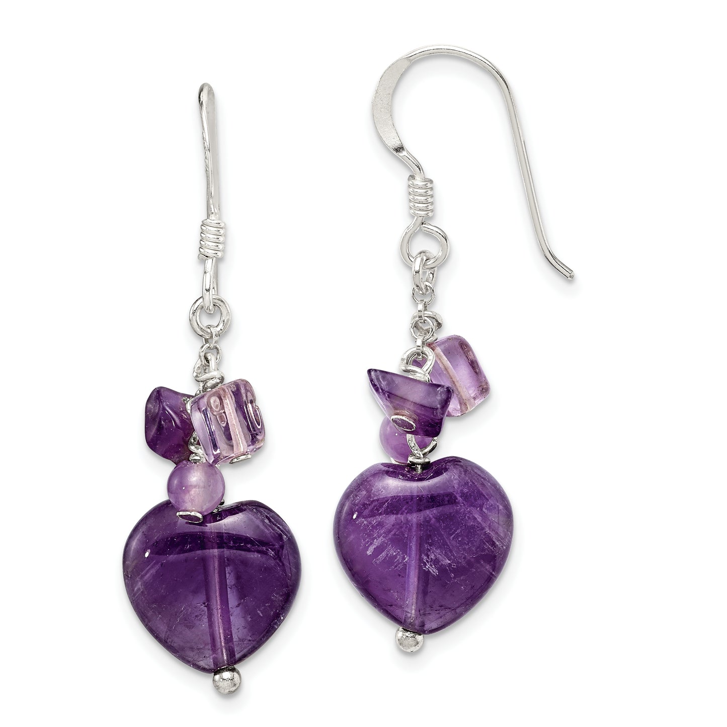 Sterling Silver Polished Amethyst Heart Dangle Earrings