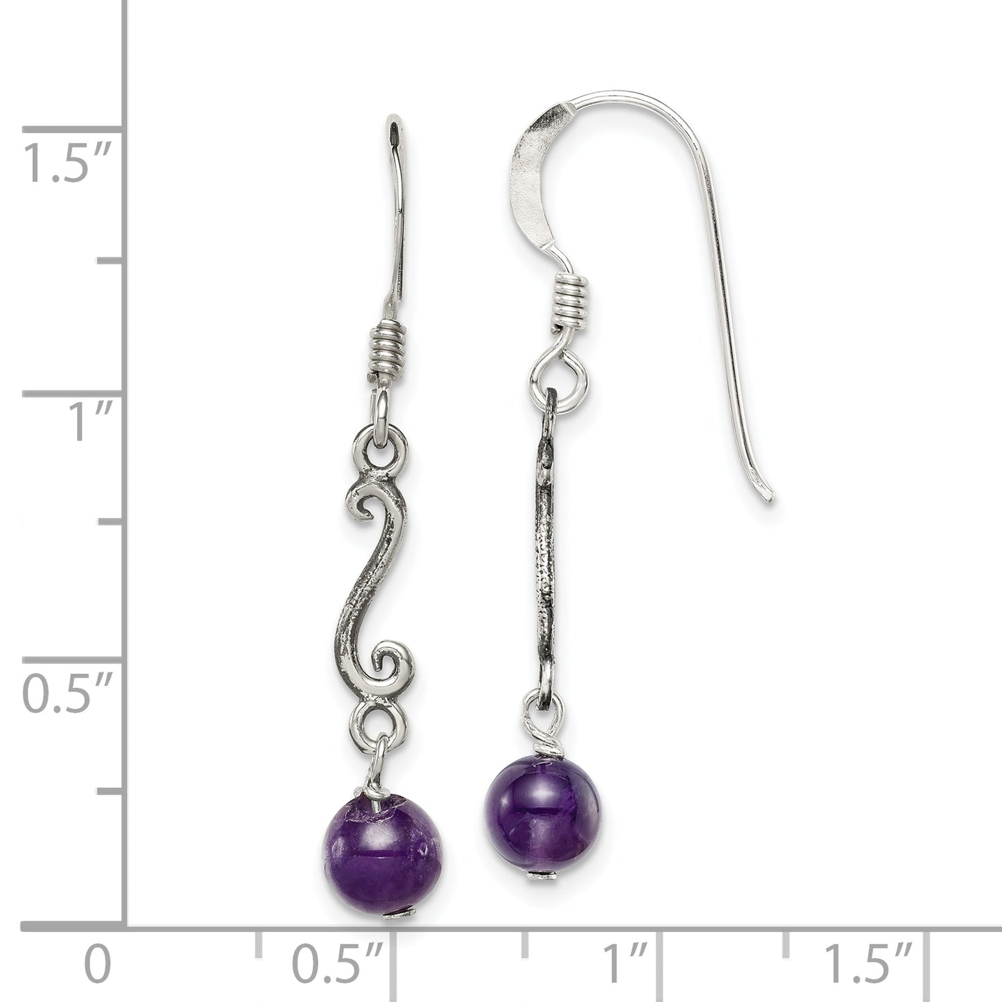 Sterling Silver Polished & Antiqued Amethyst Swirl Dangle Earrings