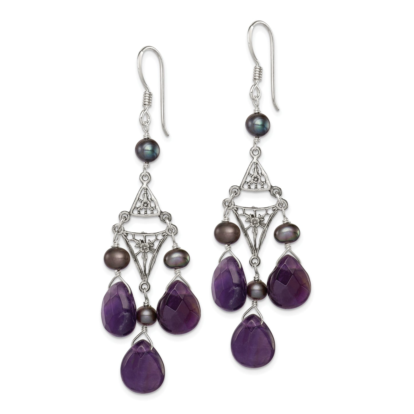 Sterling Silver Antiqued Floral Filigree Amethyst/Fwc Pearl Dangle Earrings