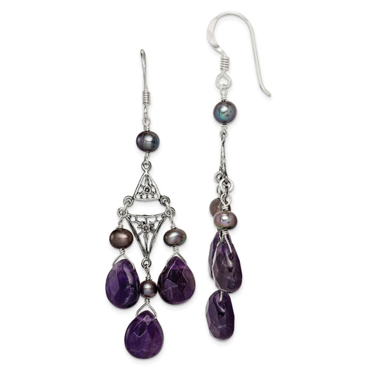 Sterling Silver Antiqued Floral Filigree Amethyst/Fwc Pearl Dangle Earrings