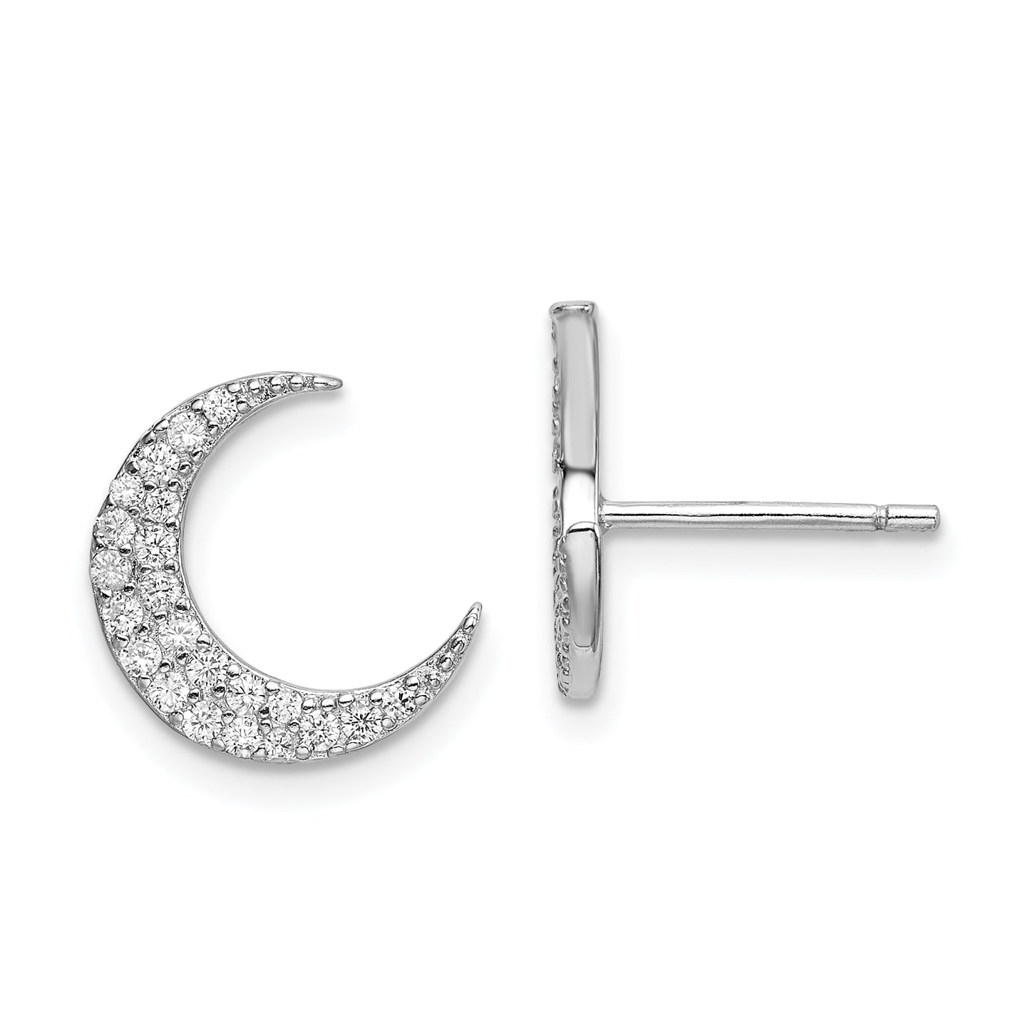 Sterling Silver Rhodium-Plated Cz Star And Moon Post Earrings