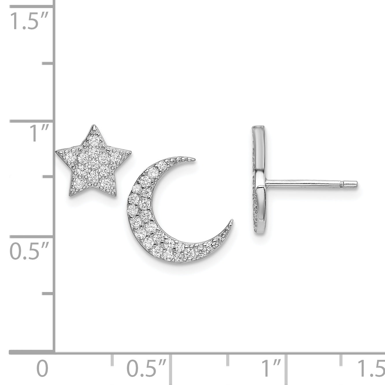 Sterling Silver Rhodium-Plated Cz Star And Moon Post Earrings