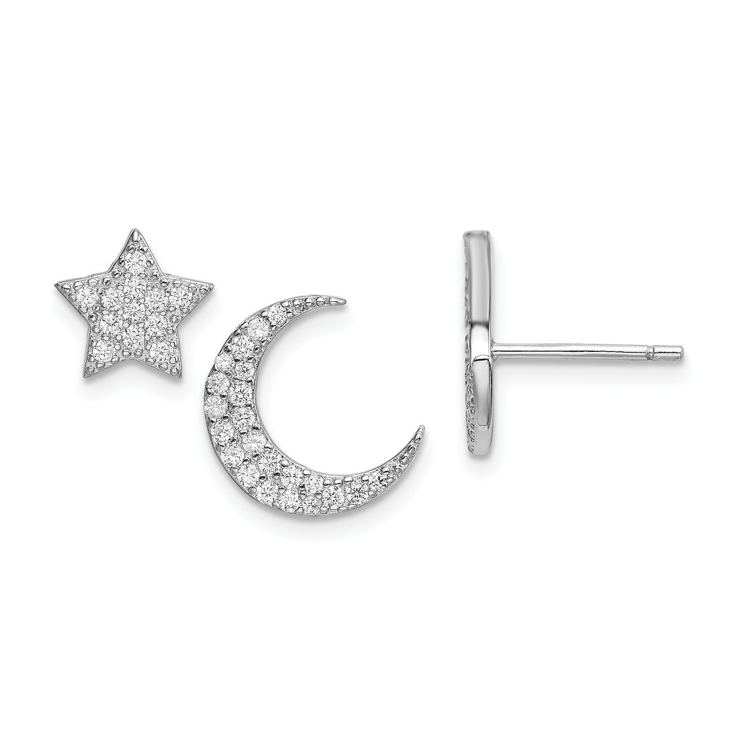 Sterling Silver Rhodium-Plated Cz Star And Moon Post Earrings